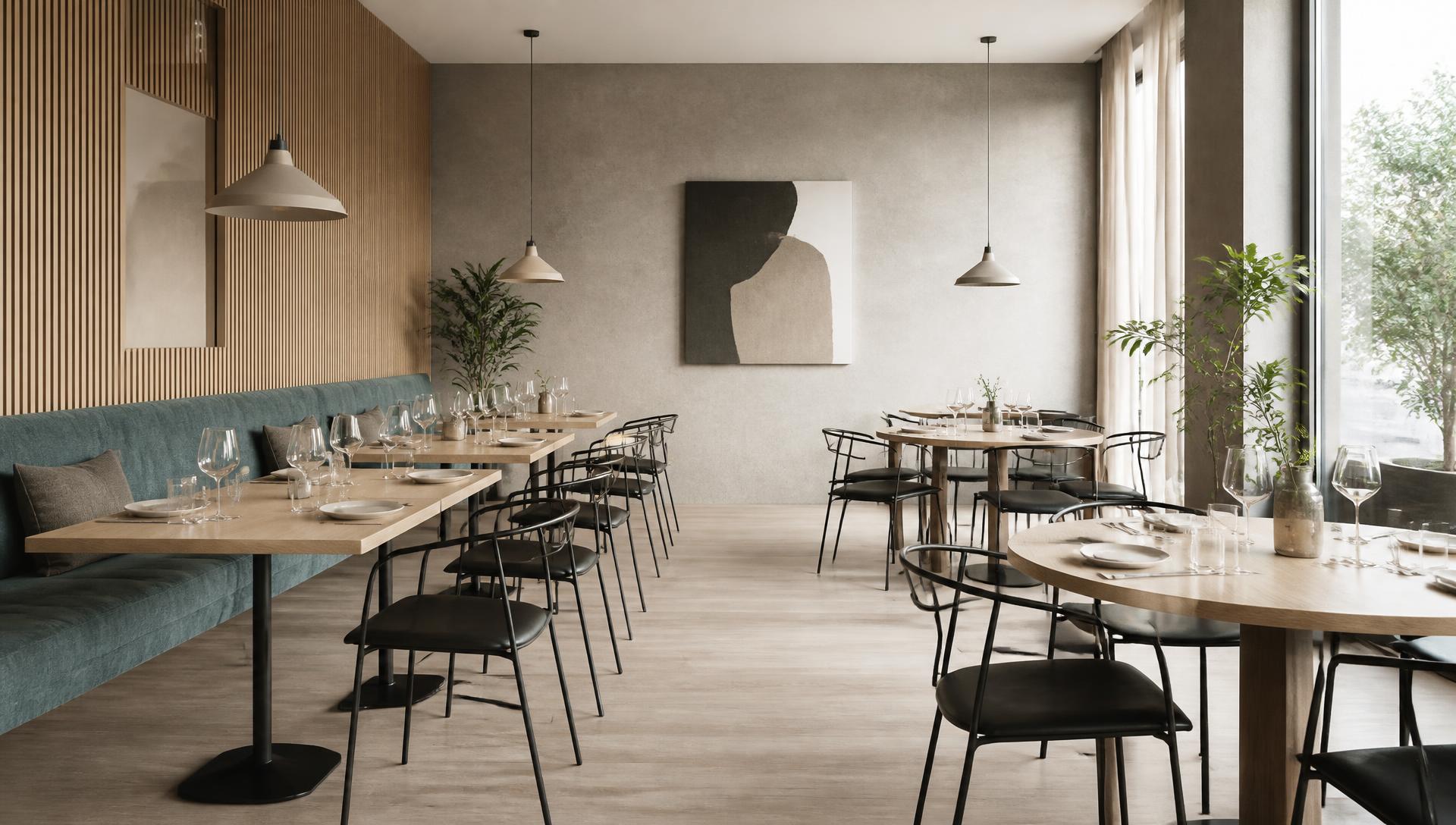 Restaurangmiljö med bord, stolar och soffa längs vägg